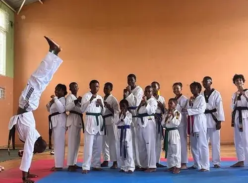 Taekwondo students lined up in class